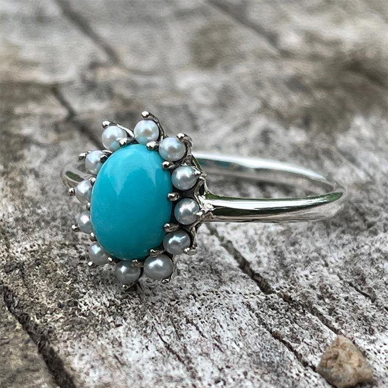 Silver, Pearl and Turquoise Jane Austen Cabochon Ring